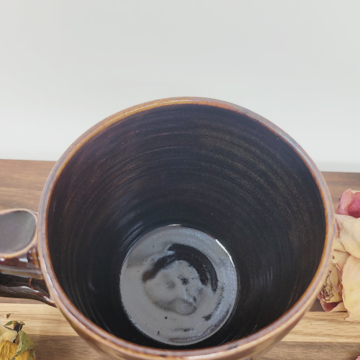 Floral Heart Hot Tea Mug | Black | Flower Pattern | 16 Ounce Coffee Cup | Handmade Pottery