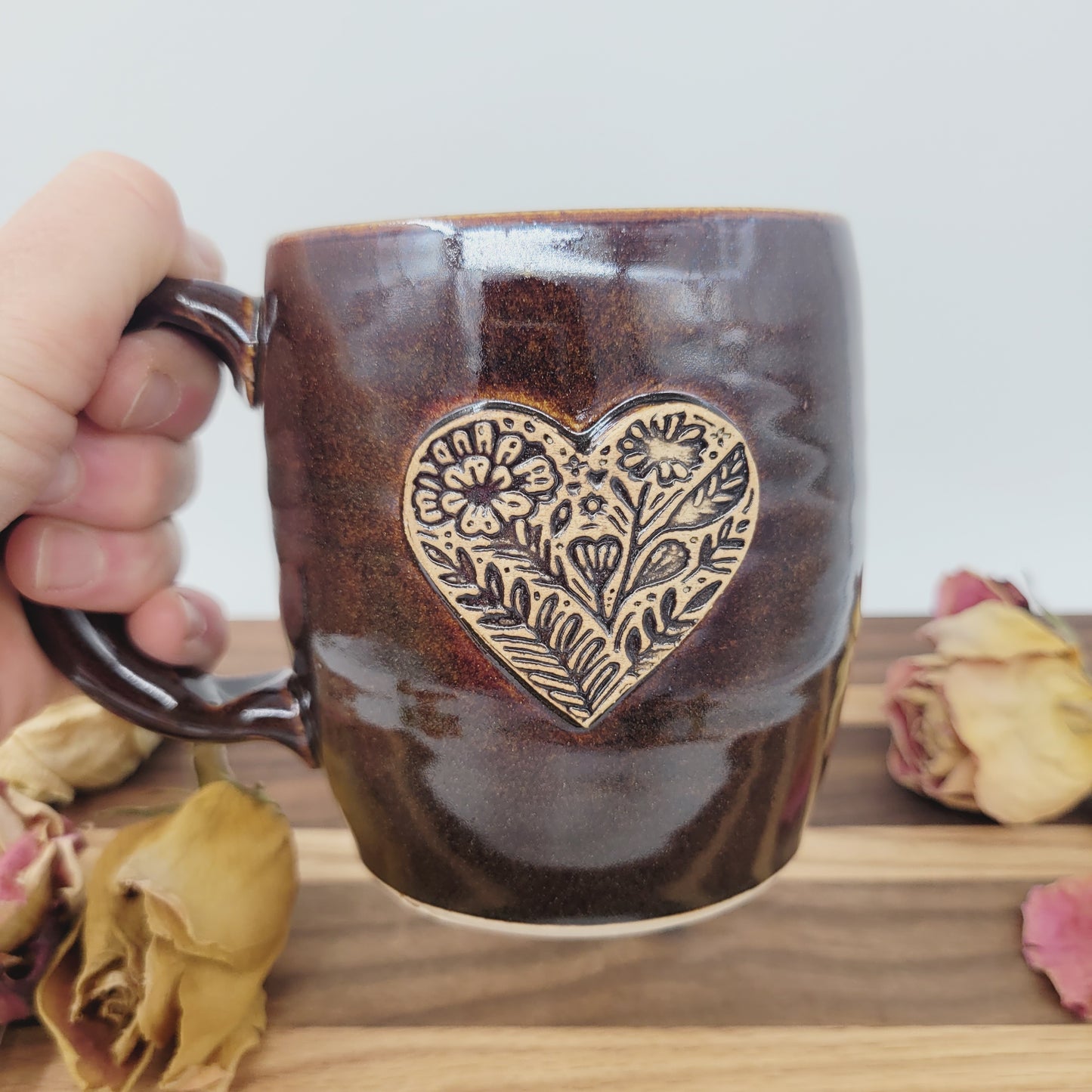 Floral Heart Hot Tea Mug | Black | Flower Pattern | 16 Ounce Coffee Cup | Handmade Pottery