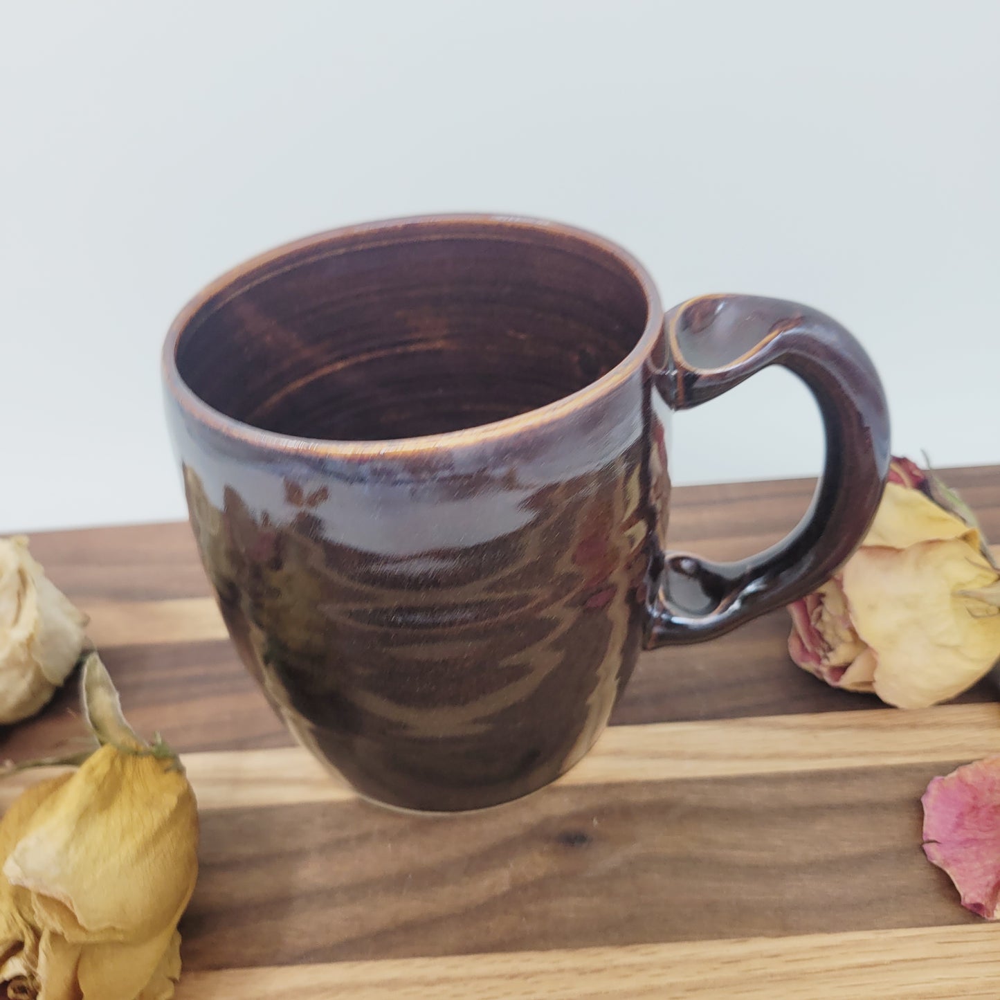 Floral Heart Hot Tea Mug | Black | Flower Pattern | 16 Ounce Coffee Cup | Handmade Pottery