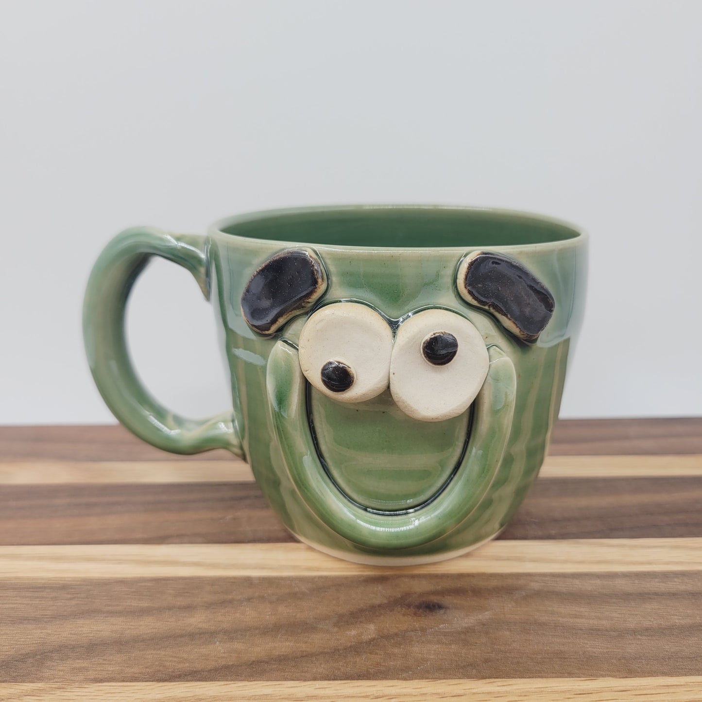 Smiley Face Coffee Cup in Green | 12 Ounces | Handmade Stoneware Pottery Mug