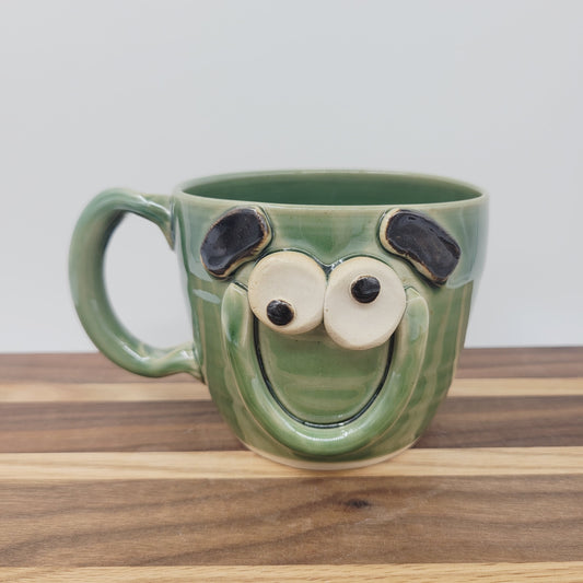 Smiley Face Coffee Cup in Green | 12 Ounces | Handmade Stoneware Pottery Mug