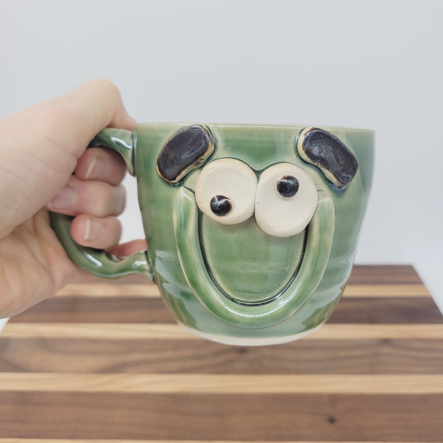 Smiley Face Coffee Cup in Green | 12 Ounces | Handmade Stoneware Pottery Mug
