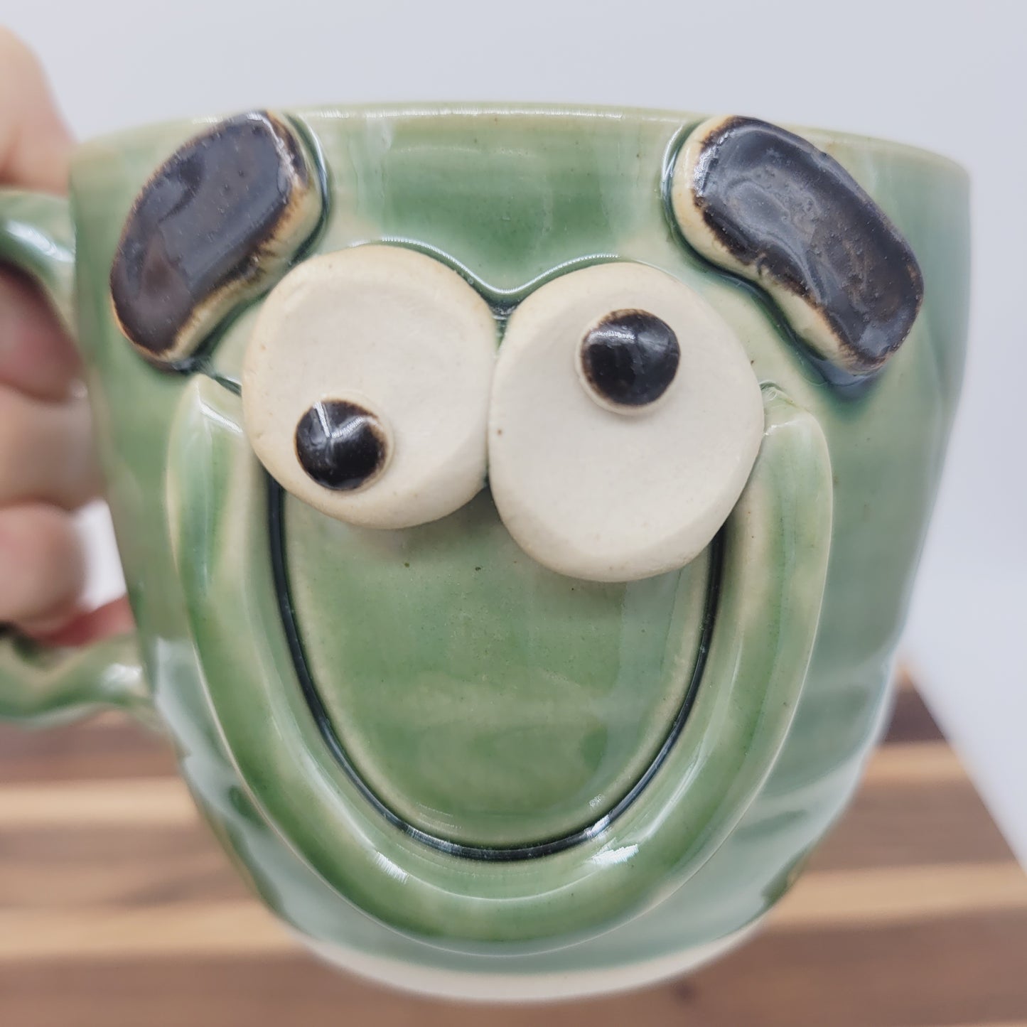 Smiley Face Coffee Cup in Green | 12 Ounces | Handmade Stoneware Pottery Mug