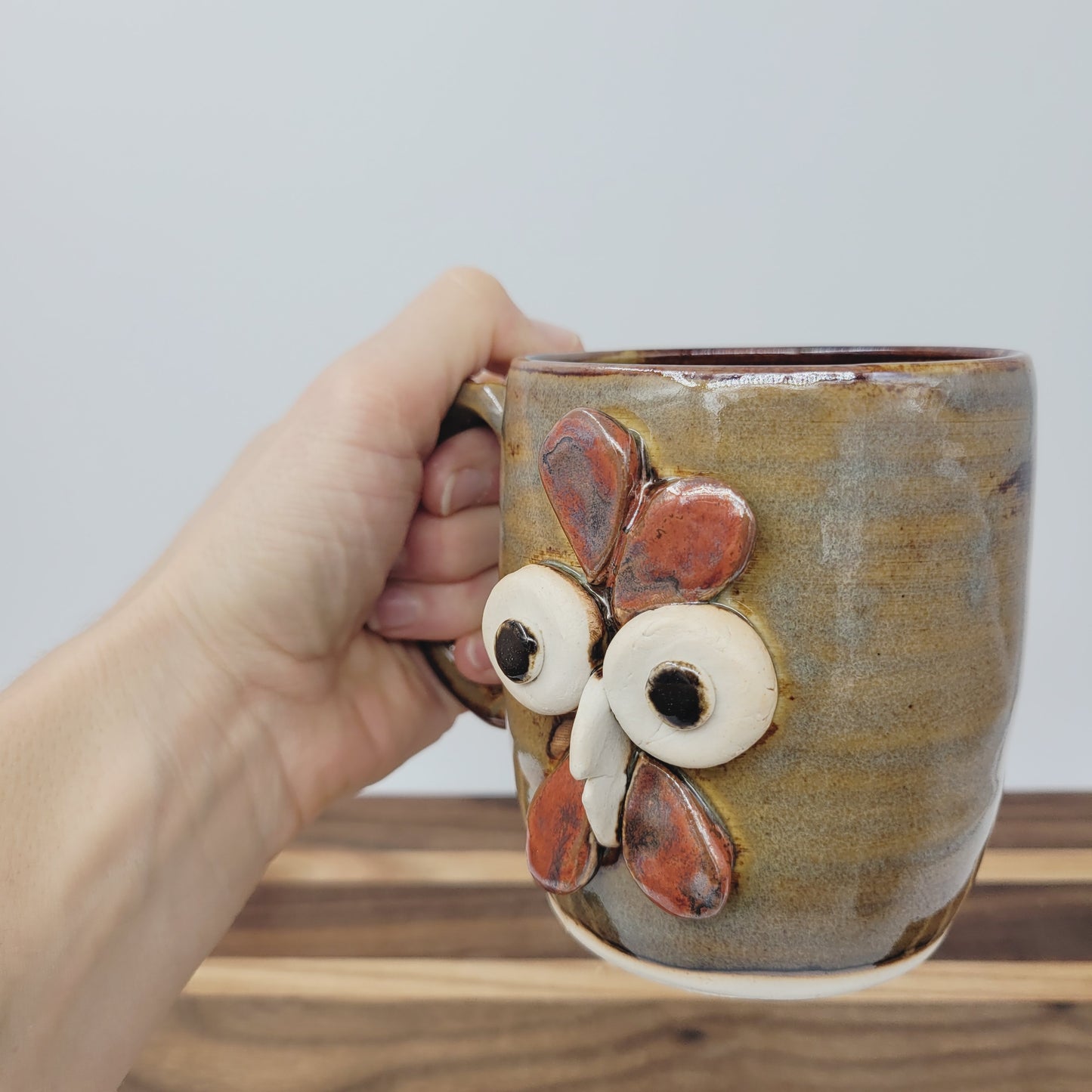 Ug Chug Chicken Coffee Cup | Handmade Farmyard Animal Face Mug | Microwave Dishwasher Safe Stoneware Pottery | Caramel