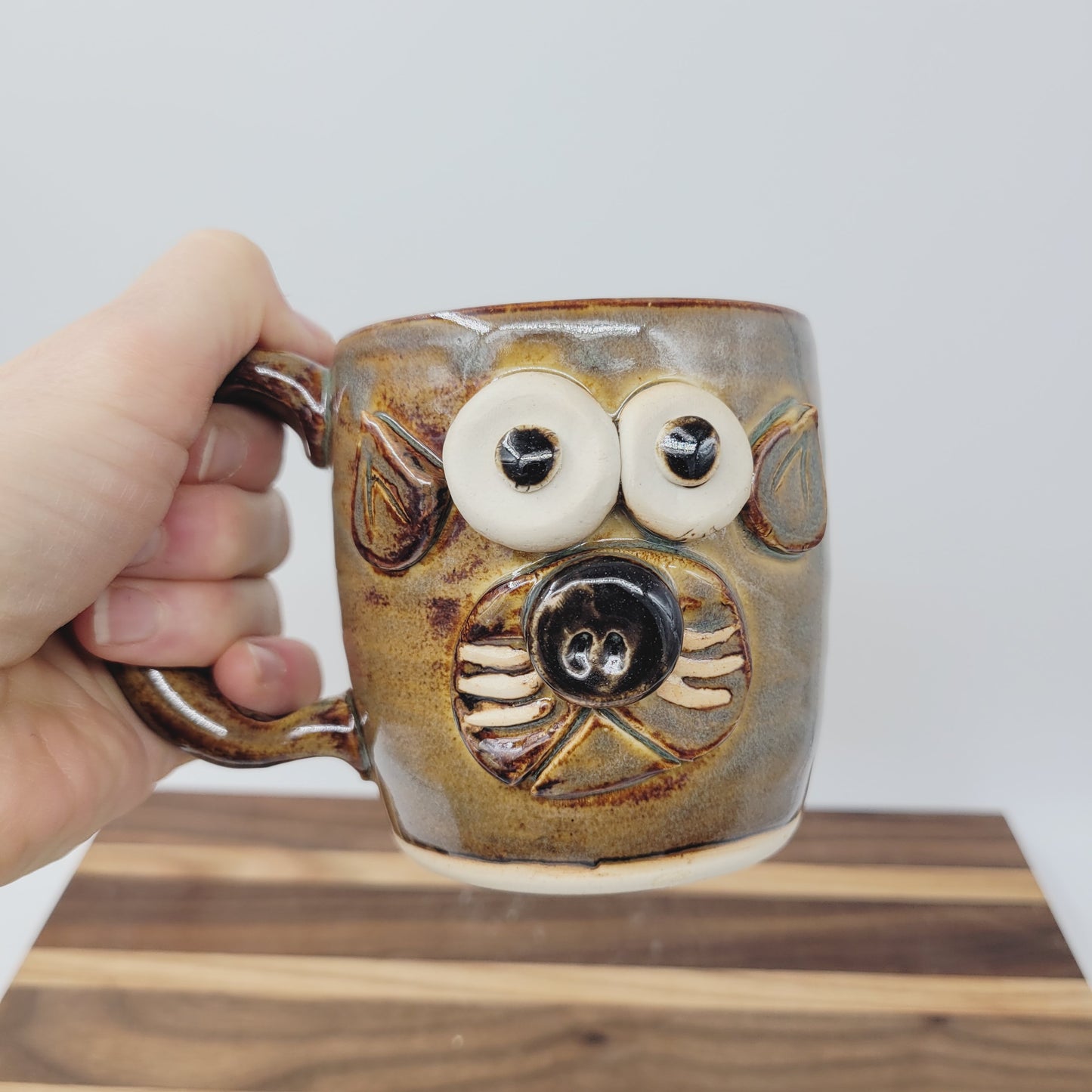 Cat Coffee Cup | Kitty Face Mug | Nelson Studio Ug Chug | Caramel Brown | Stoneware Pottery