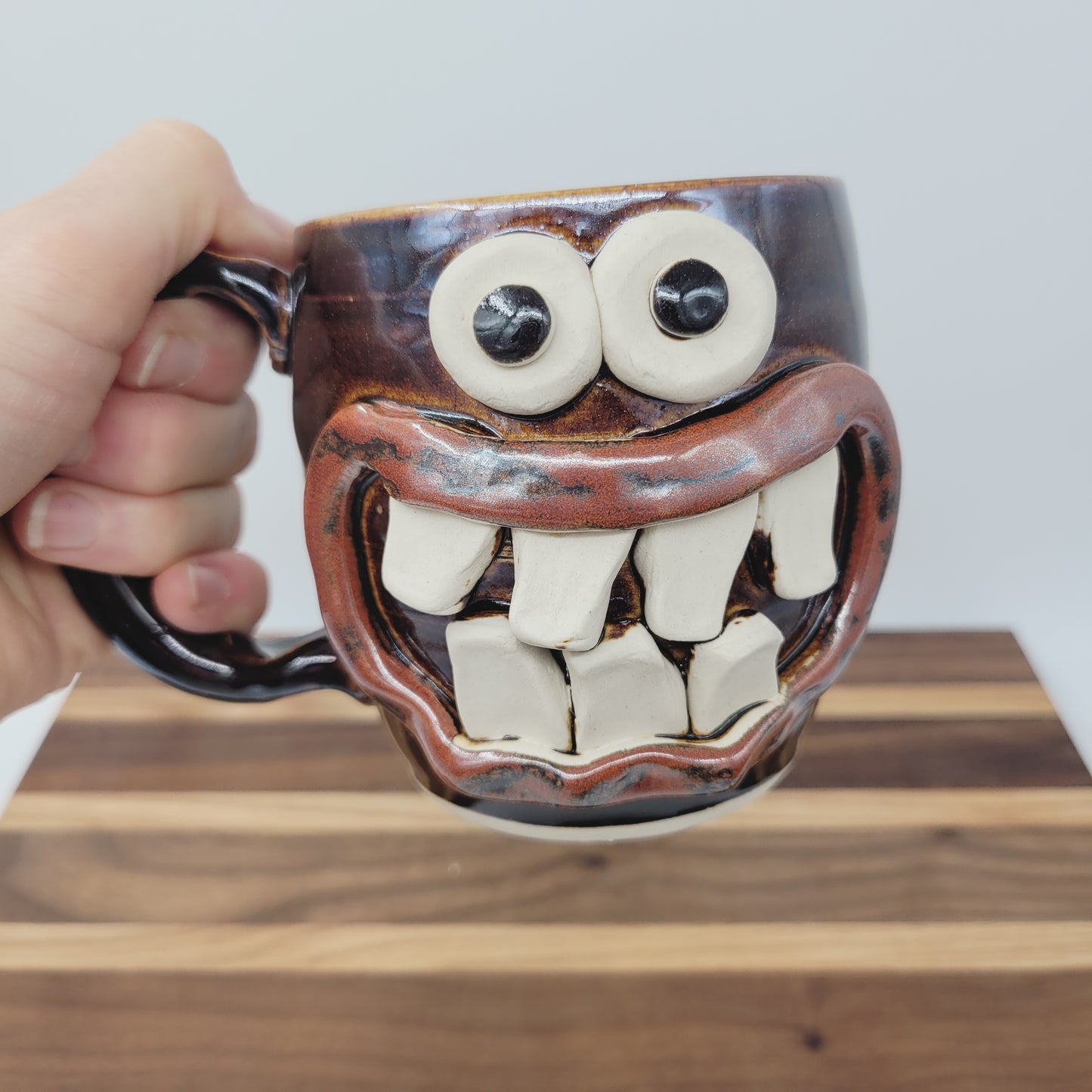 Taco Lover Coffee Cup | Handmade Pottery Face Mug | Funny Man Gift | Ceramic Stoneware | 16 Ounces Large | Chocolate