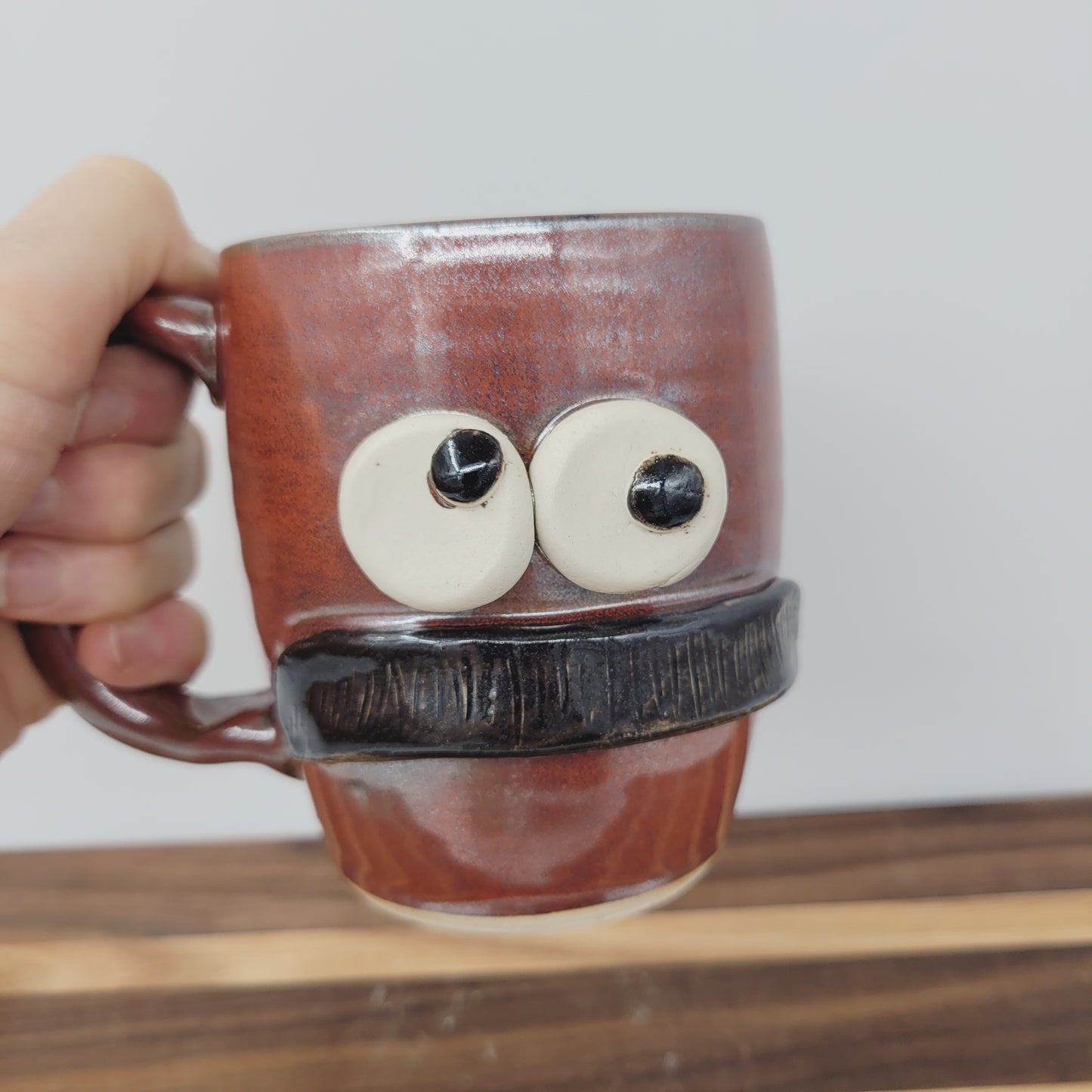 Man's Bushy Mustache Mug | Ceramic Stoneware Pottery Coffee Cup | Microwave Dishwasher Safe | Rustic Cinnamon Red