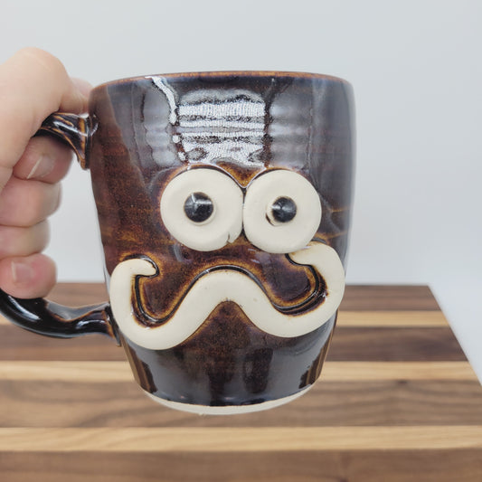 Handlebar Mustache Mug | Funny Over The Hill Man's Pottery Coffee Cup | Nelson Studio Ug Chug | Chocolate Brown Black