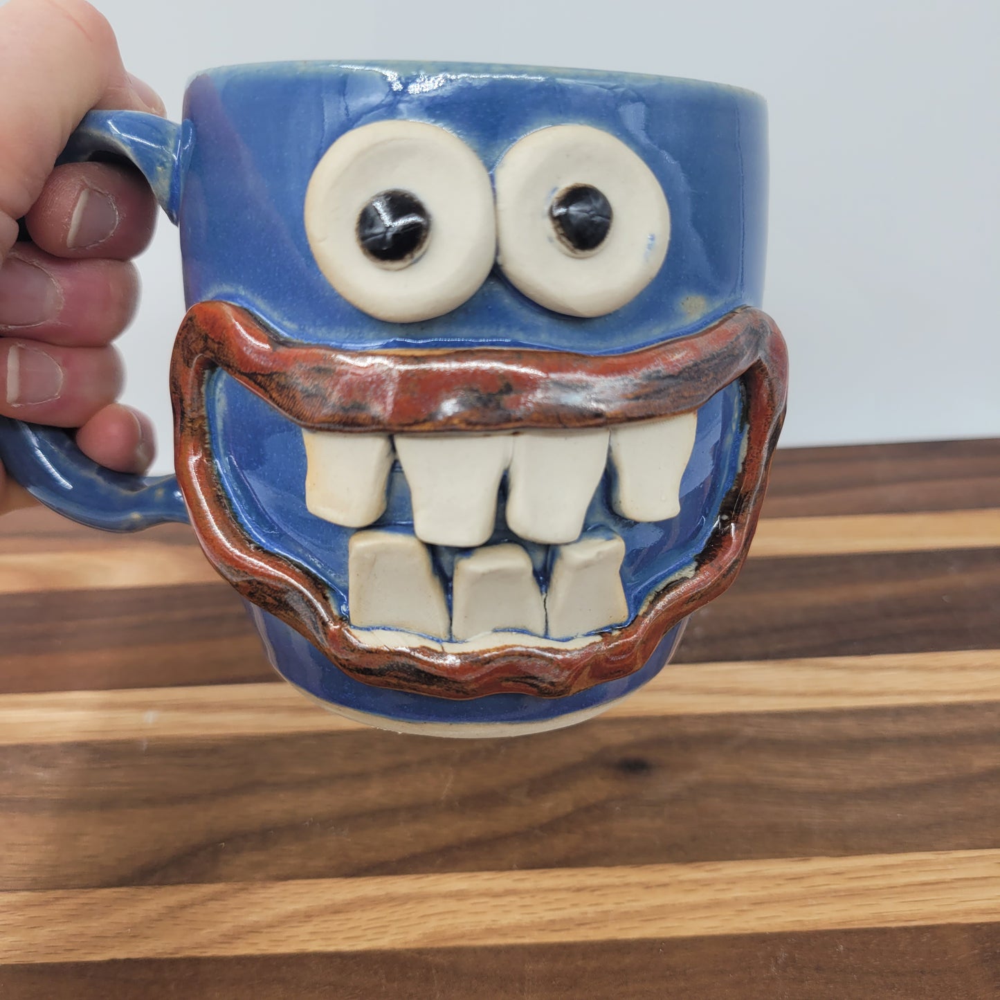 Funny Smiley Face Mug | Handmade Pottery Coffee Cups | Fun Gifts for Men Dad Husband | Ceramic Stoneware | 16 Ounces Large | Blue
