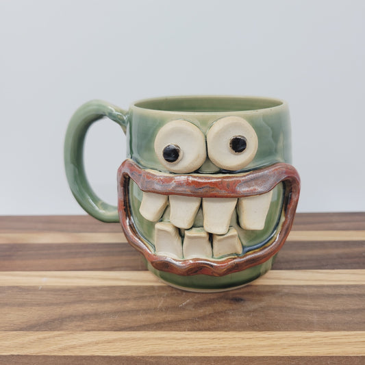 Green Smiley Face Coffee Cup | 12 Ounces | Handmade Stoneware Pottery