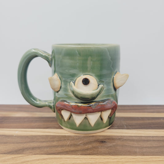Cute Monster Mug | Handmade Pottery Creature Coffee Cups | Funny Face Mug | 16 Oz | Green