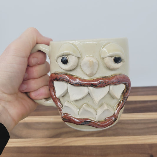 Monster Face Mug Creepy Cute | Handmade Pottery Coffee Cups | Funny Creature with Teeth | 16 Oz | Cream
