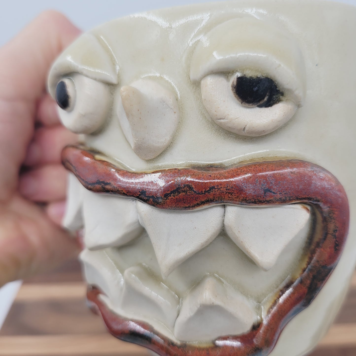 Monster Face Mug Creepy Cute | Handmade Pottery Coffee Cups | Funny Creature with Teeth | 16 Oz | Cream