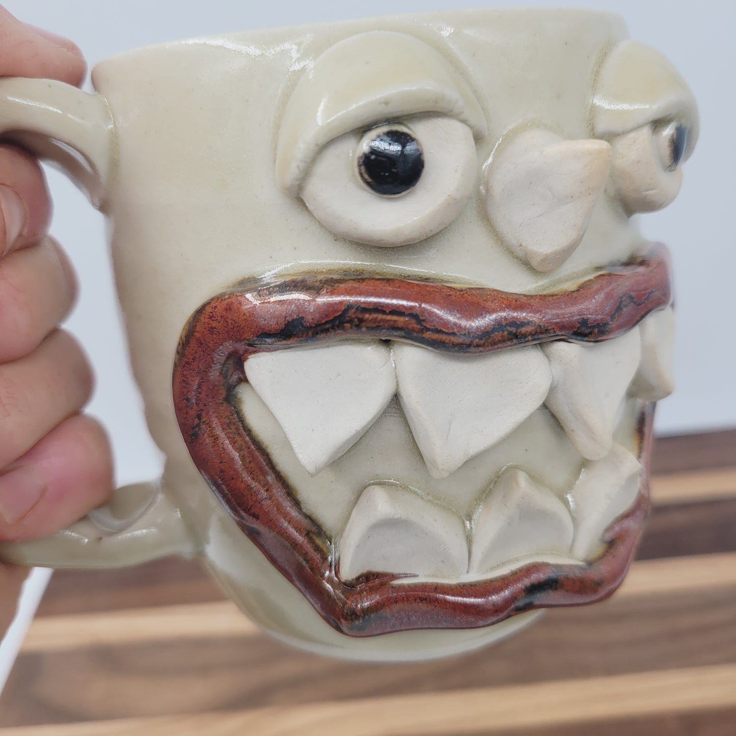 Monster Face Mug Creepy Cute | Handmade Pottery Coffee Cups | Funny Creature with Teeth | 16 Oz | Cream