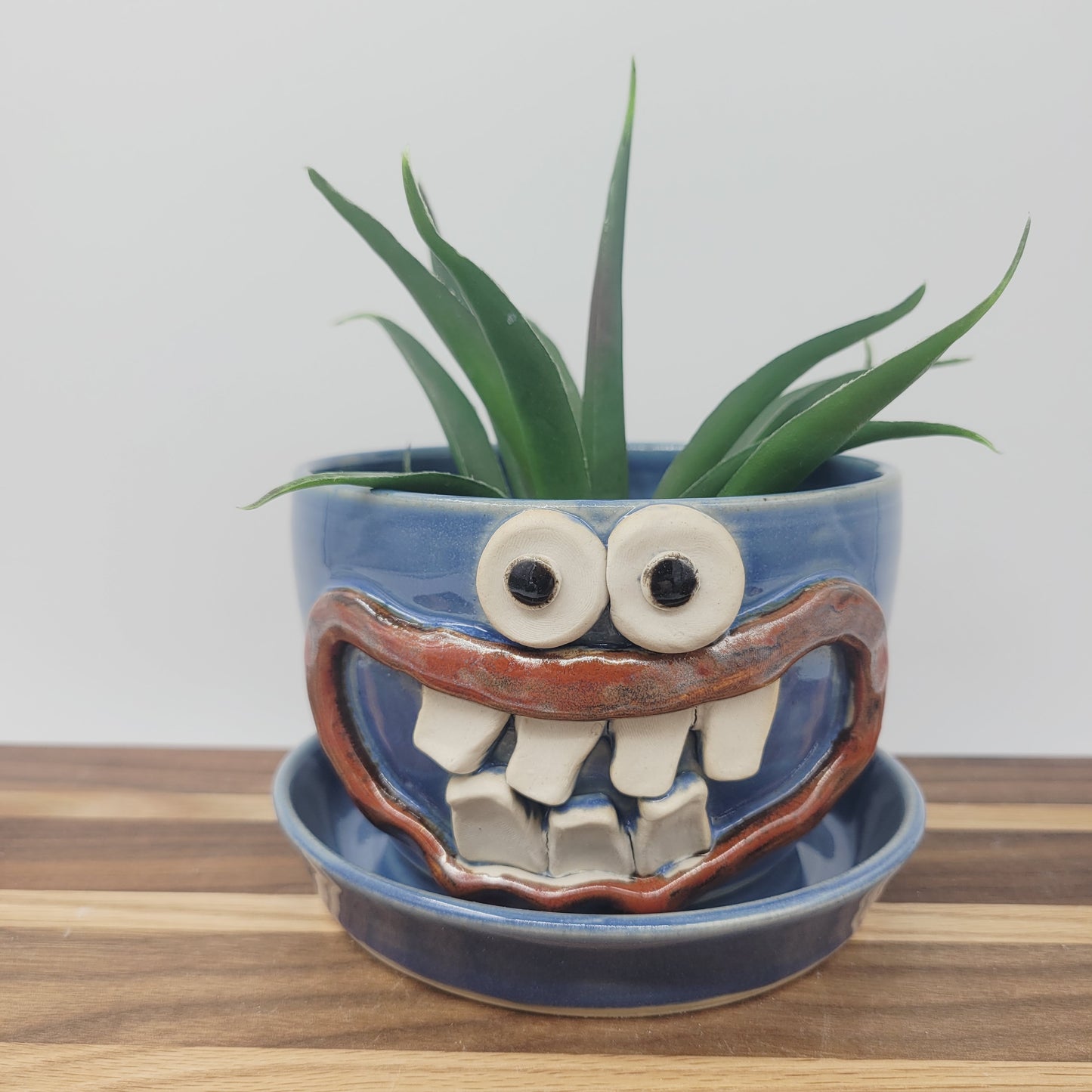 Stoneware Clay Planter | Funny Smiley Face Pot| Blue | Nelson Studio Ug Chug Handmade Pottery