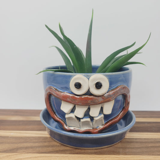 Stoneware Clay Planter | Funny Smiley Face Pot| Blue | Nelson Studio Ug Chug Handmade Pottery