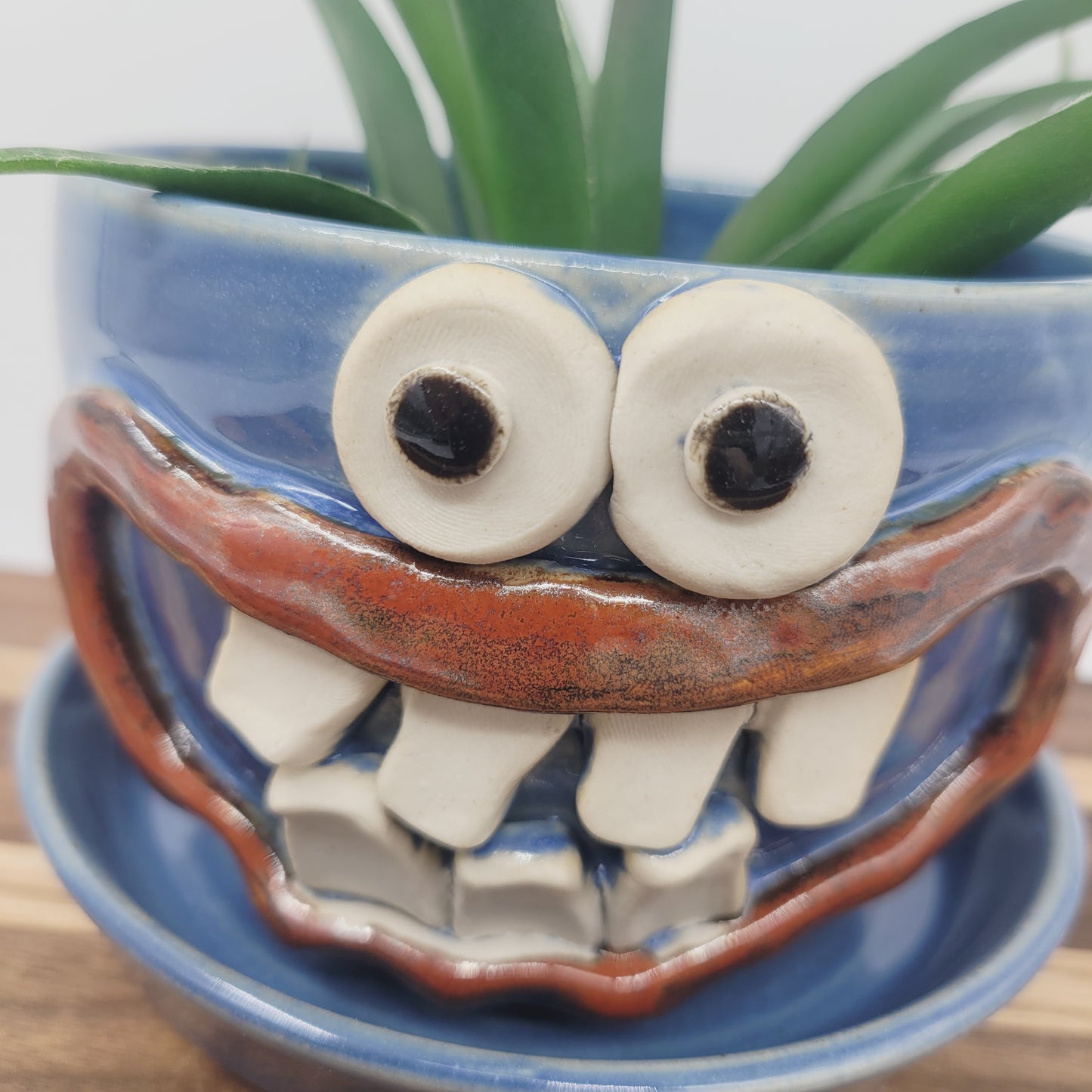 Stoneware Clay Planter | Funny Smiley Face Pot| Blue | Nelson Studio Ug Chug Handmade Pottery