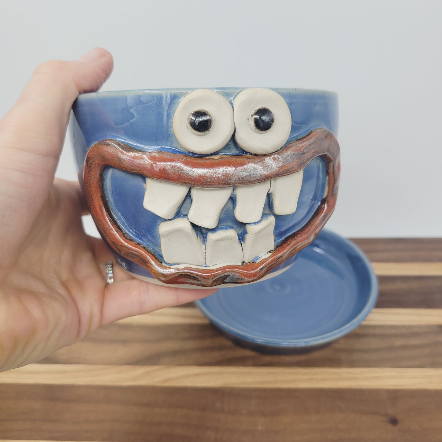 Stoneware Clay Planter | Funny Smiley Face Pot| Blue | Nelson Studio Ug Chug Handmade Pottery
