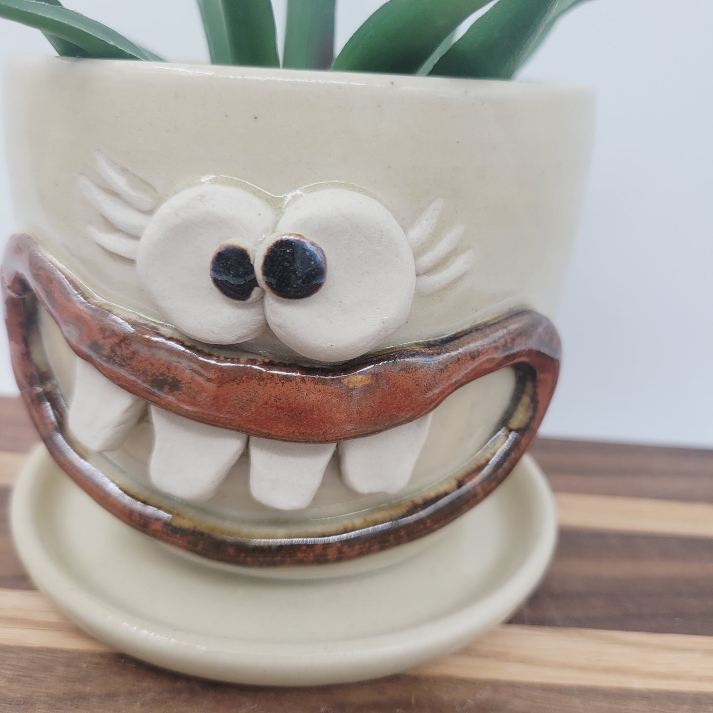 Handmade Pottery Planter with Drainage Plate | Cute Kitchen Gardening Pot | Smiley Face