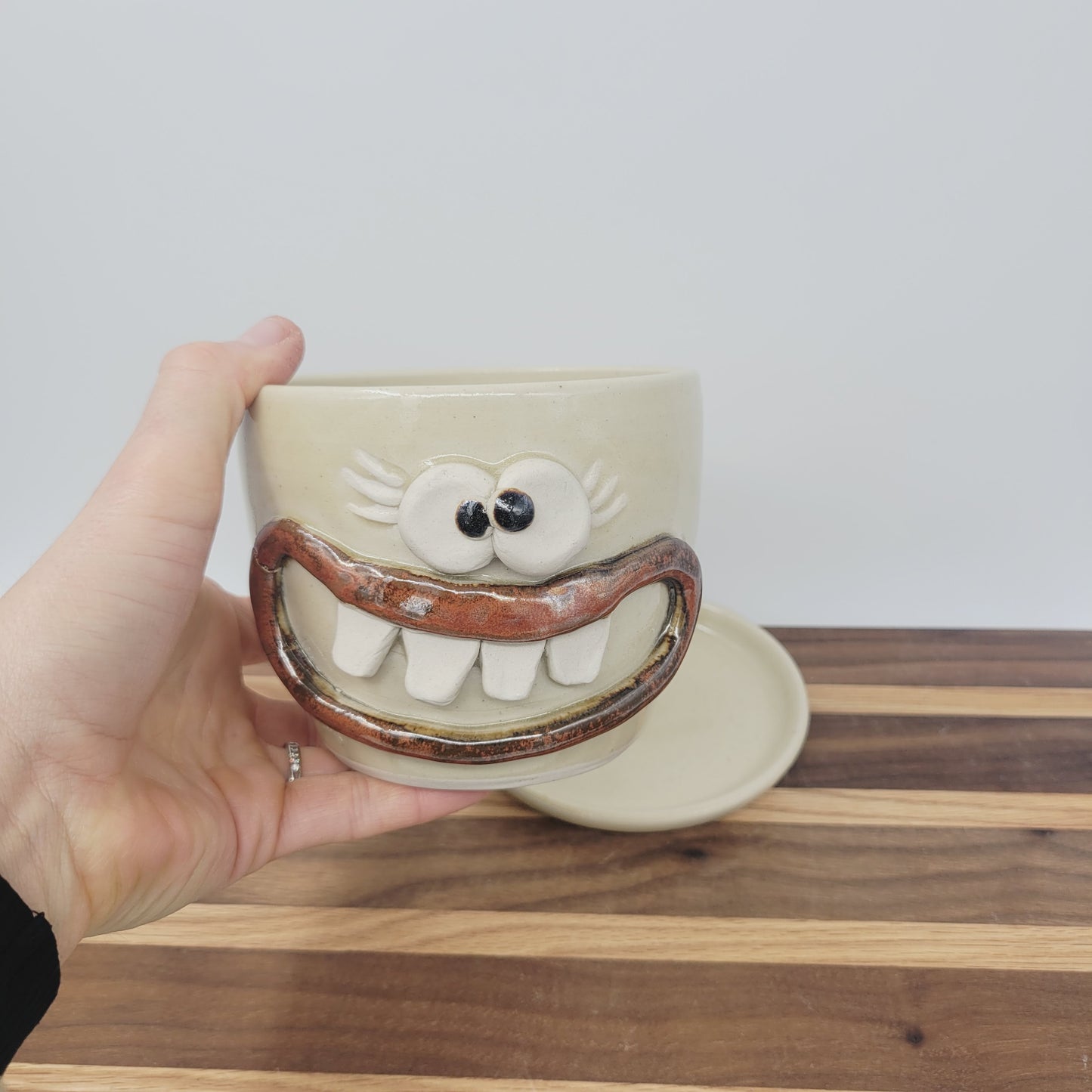 Handmade Pottery Planter with Drainage Plate | Cute Kitchen Gardening Pot | Smiley Face