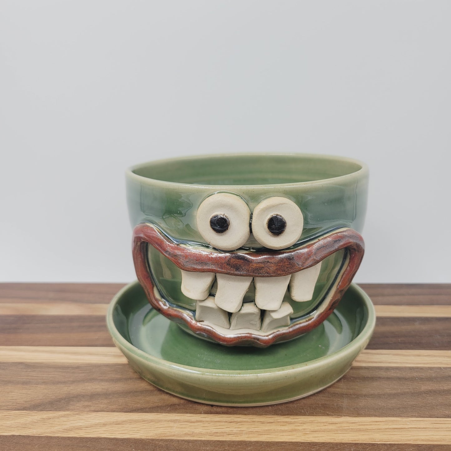 Handmade Pottery Face Planter | Cheerful Gardening Container Pot| Green | Nelson Studio Ug Chug