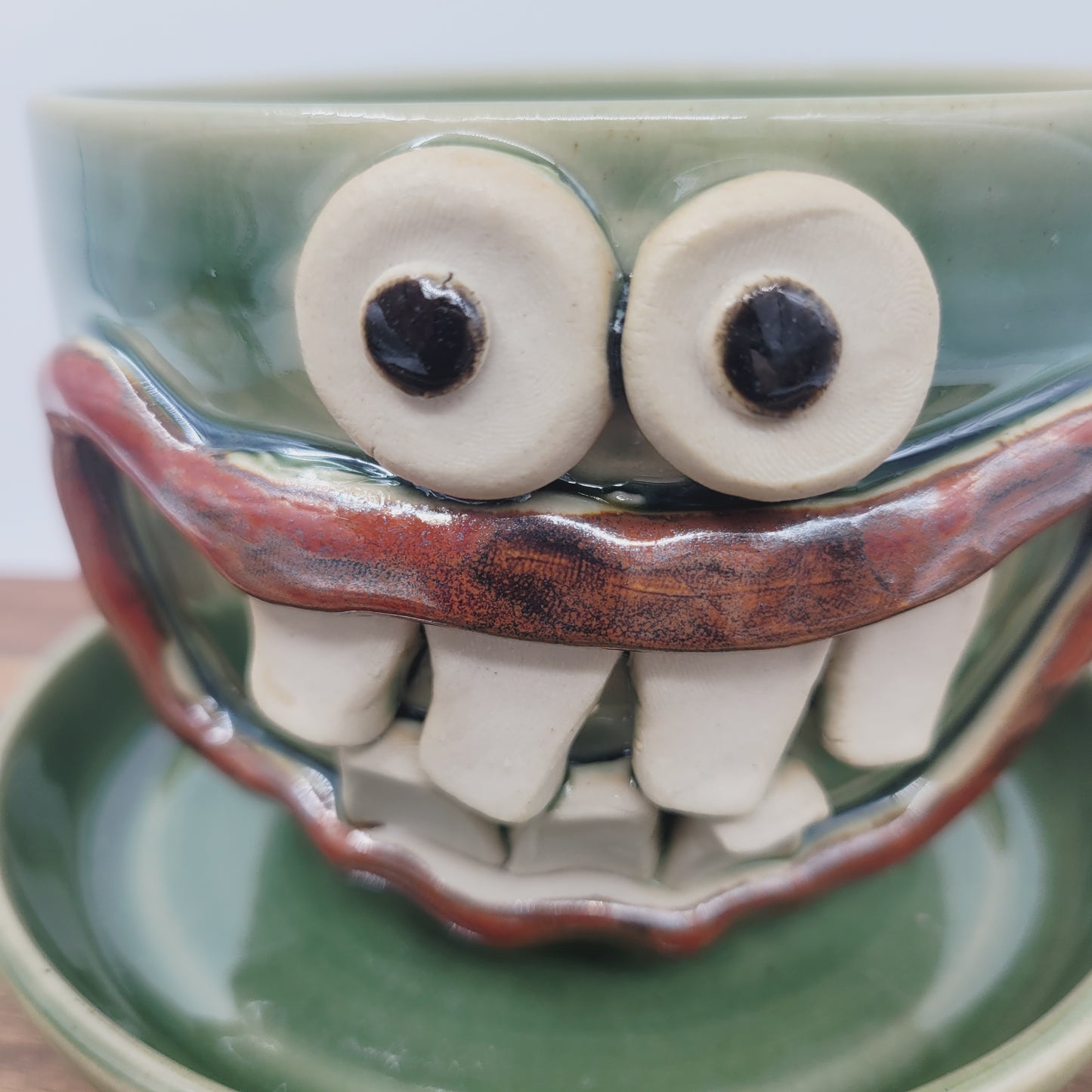 Handmade Pottery Face Planter | Cheerful Gardening Container Pot| Green | Nelson Studio Ug Chug