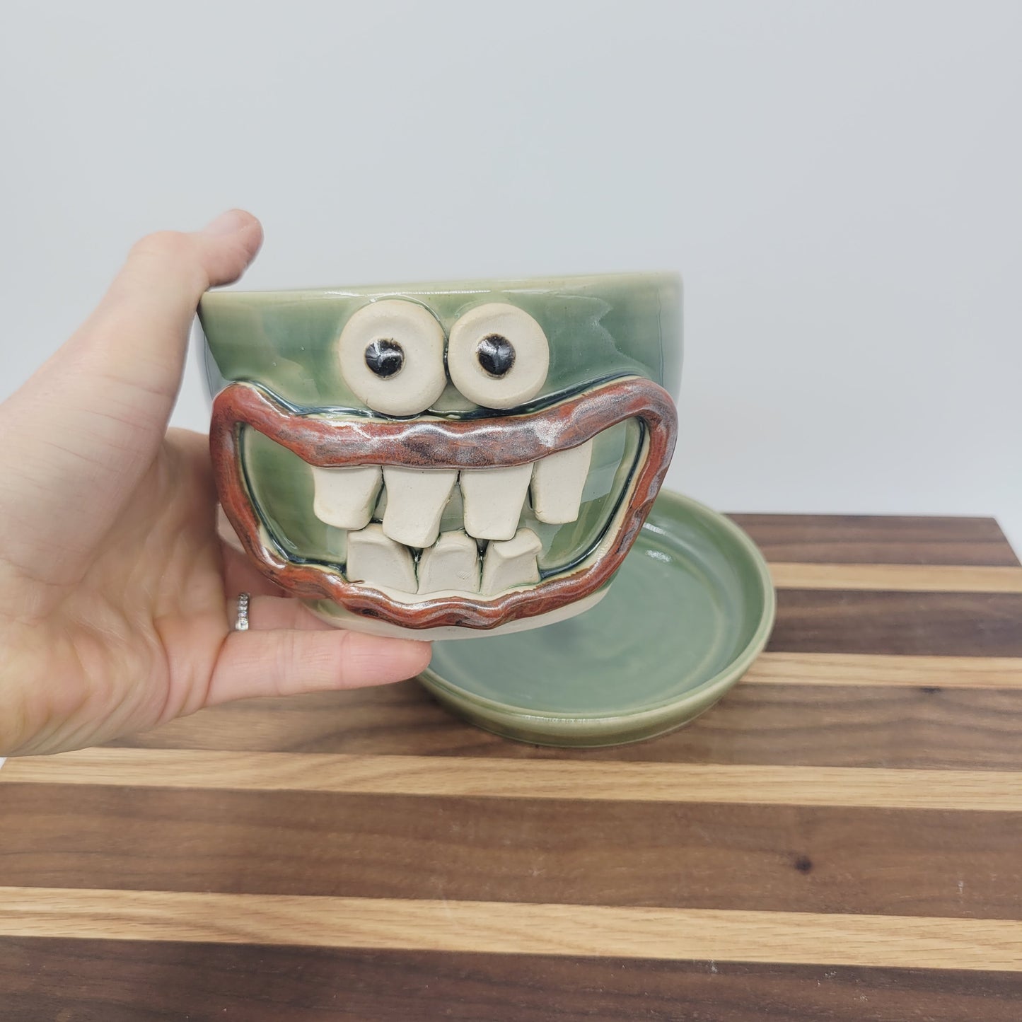 Handmade Pottery Face Planter | Cheerful Gardening Container Pot| Green | Nelson Studio Ug Chug