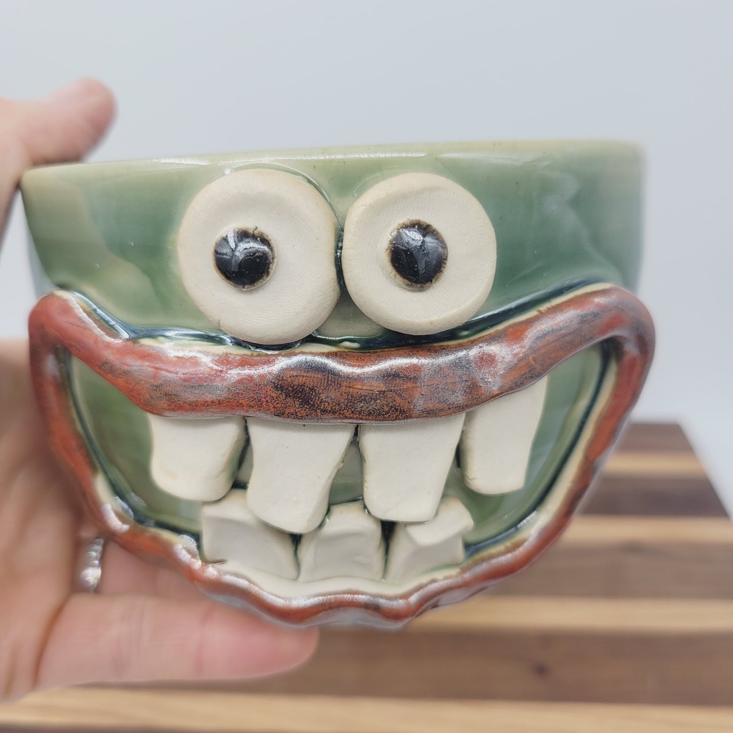 Handmade Pottery Face Planter | Cheerful Gardening Container Pot| Green | Nelson Studio Ug Chug
