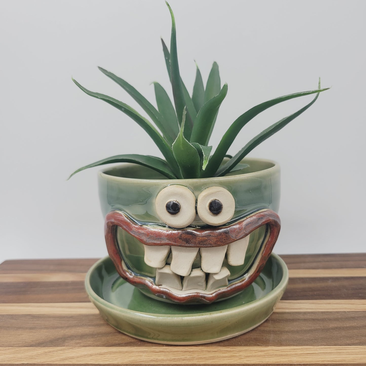 Handmade Pottery Face Planter | Cheerful Gardening Container Pot| Green | Nelson Studio Ug Chug