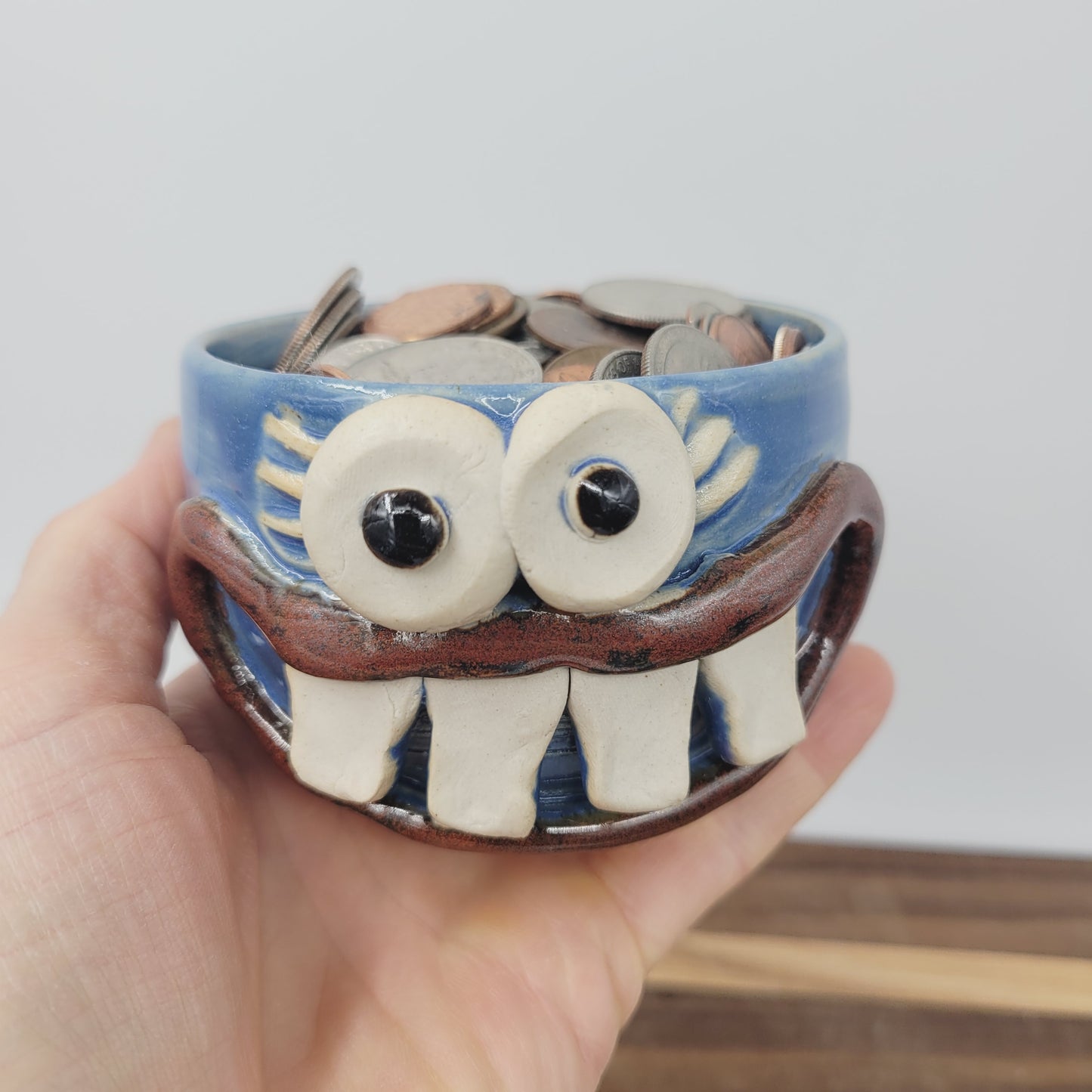 Tiny Container for Trinkets or Change | Handcrafted Stoneware Smiley Face Pottery | Blue | Nelson Studio Ug Chugs | Mini Succulent Pot