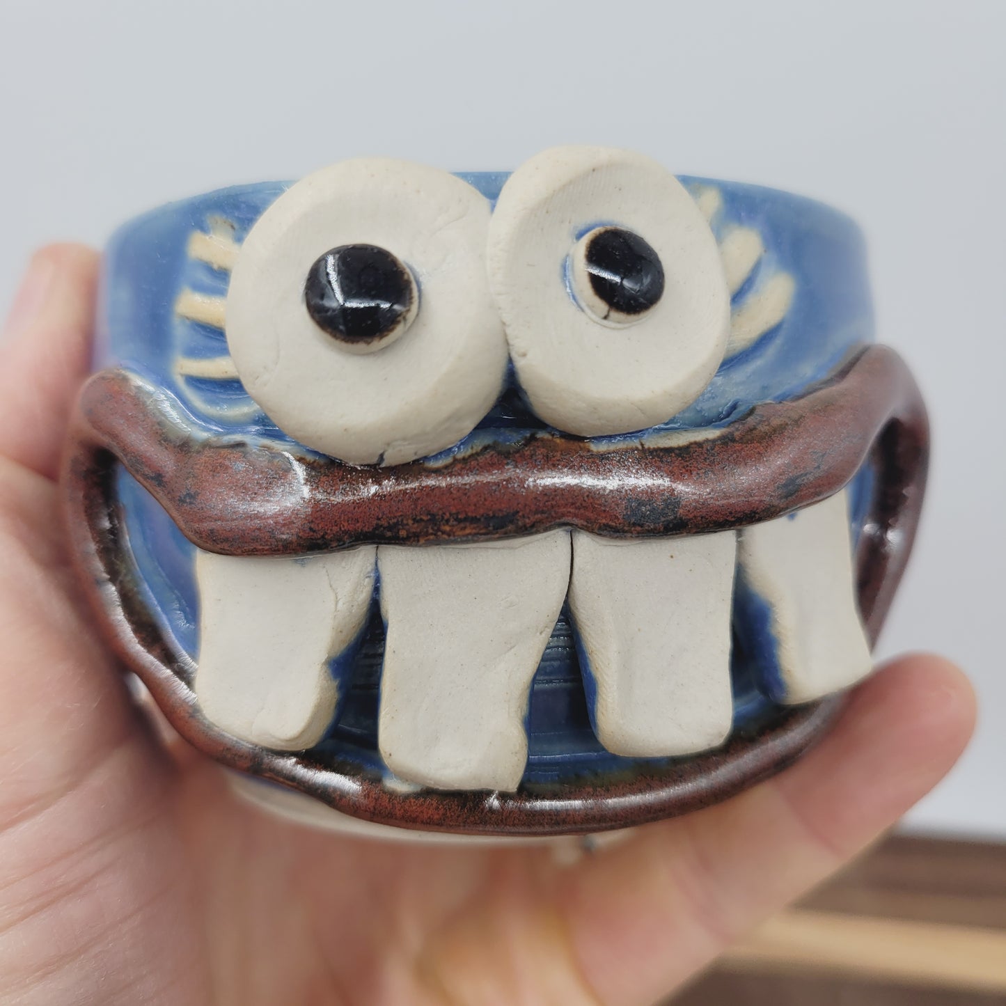Tiny Container for Trinkets or Change | Handcrafted Stoneware Smiley Face Pottery | Blue | Nelson Studio Ug Chugs | Mini Succulent Pot
