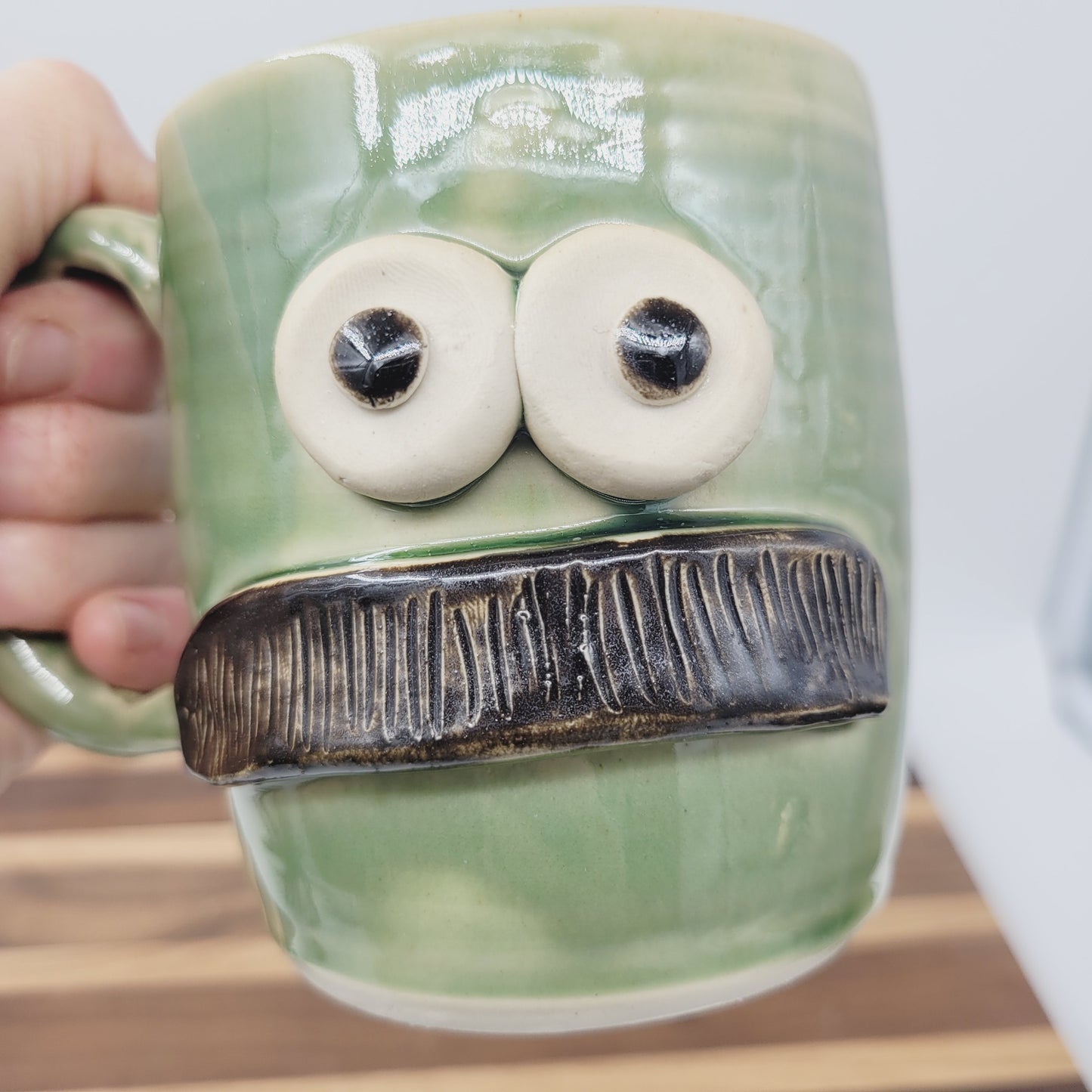 Bushy Mustache Mug | Ceramic Stoneware Pottery Coffee Cup | Microwave Dishwasher Safe | Green