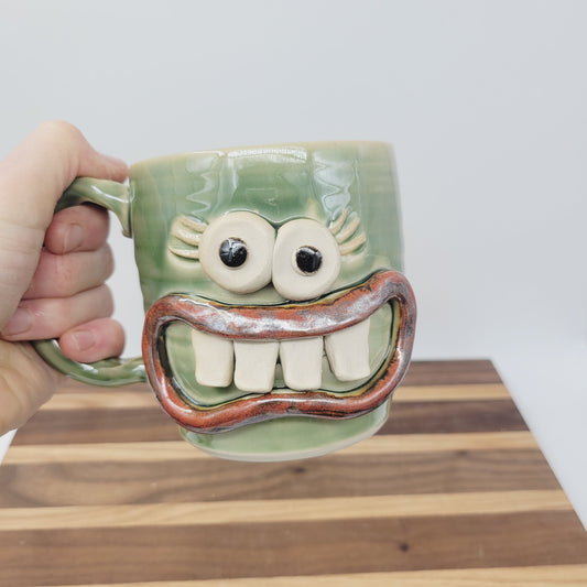 Crazy Coffee Cup| Funny Woman Smiley Face | 16 OZ Green | Unique Handmade Stoneware Pottery