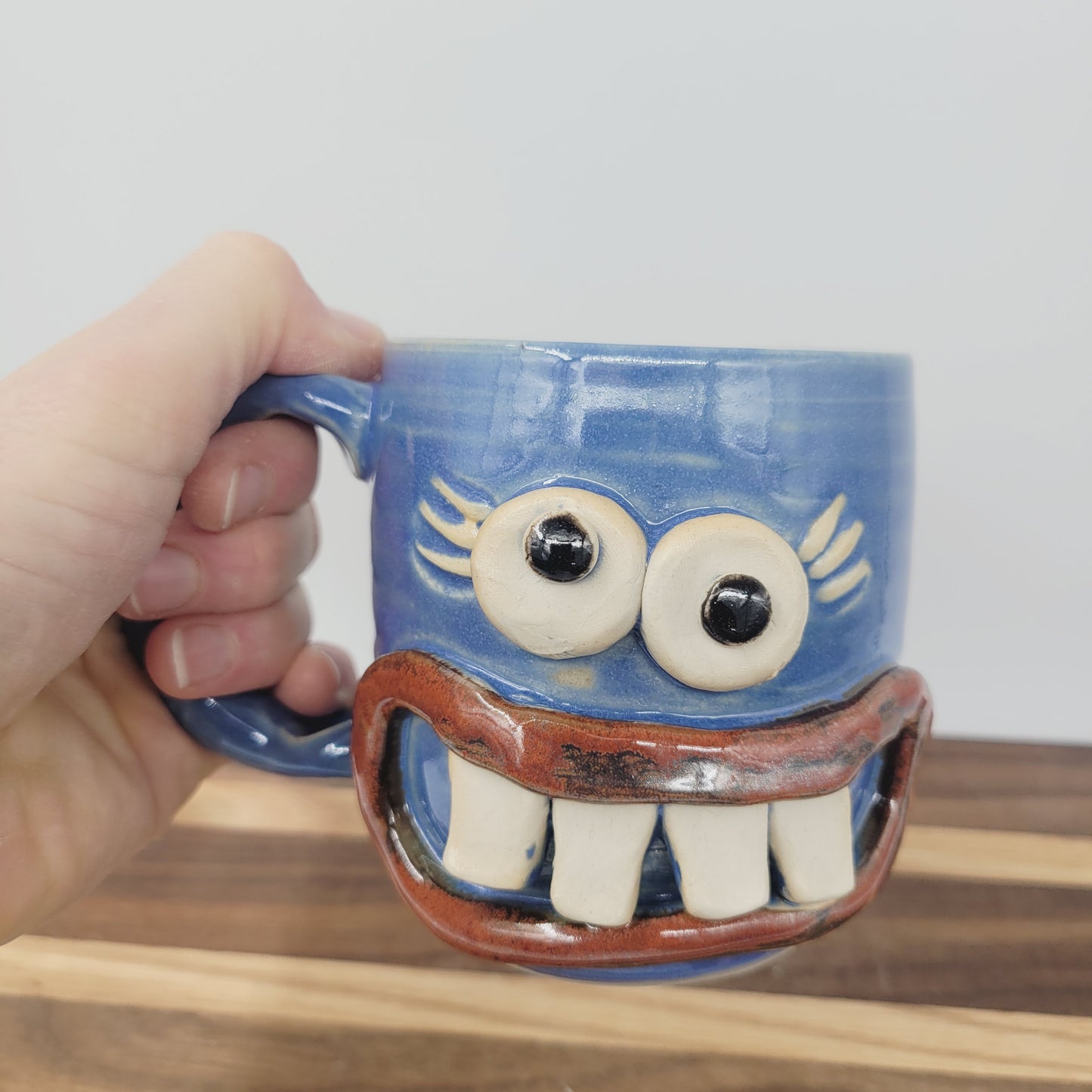 MONDAY Morning Mug | Funny Face Coffee Cup | 12 OZ Blue | Unique Handmade Stoneware Pottery