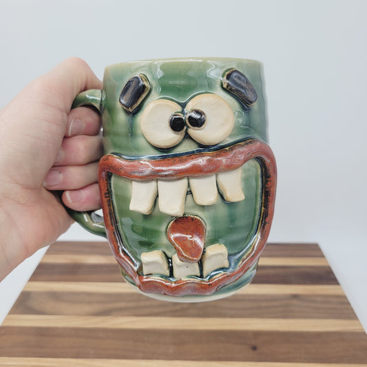 Smell of Fresh Coffee | Extra Large 24 Oz Smiley Face Mug | Green Beer Tankard | Handmade Stoneware Pottery | Nelson Studio Ug Chug