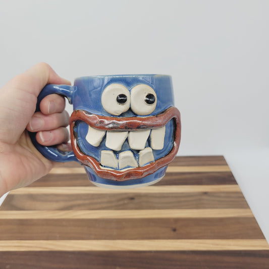Funny Smiley Face Mug | Handmade Pottery Coffee Cups | Fun Gifts for Men Dad Husband | Ceramic Stoneware | Blue