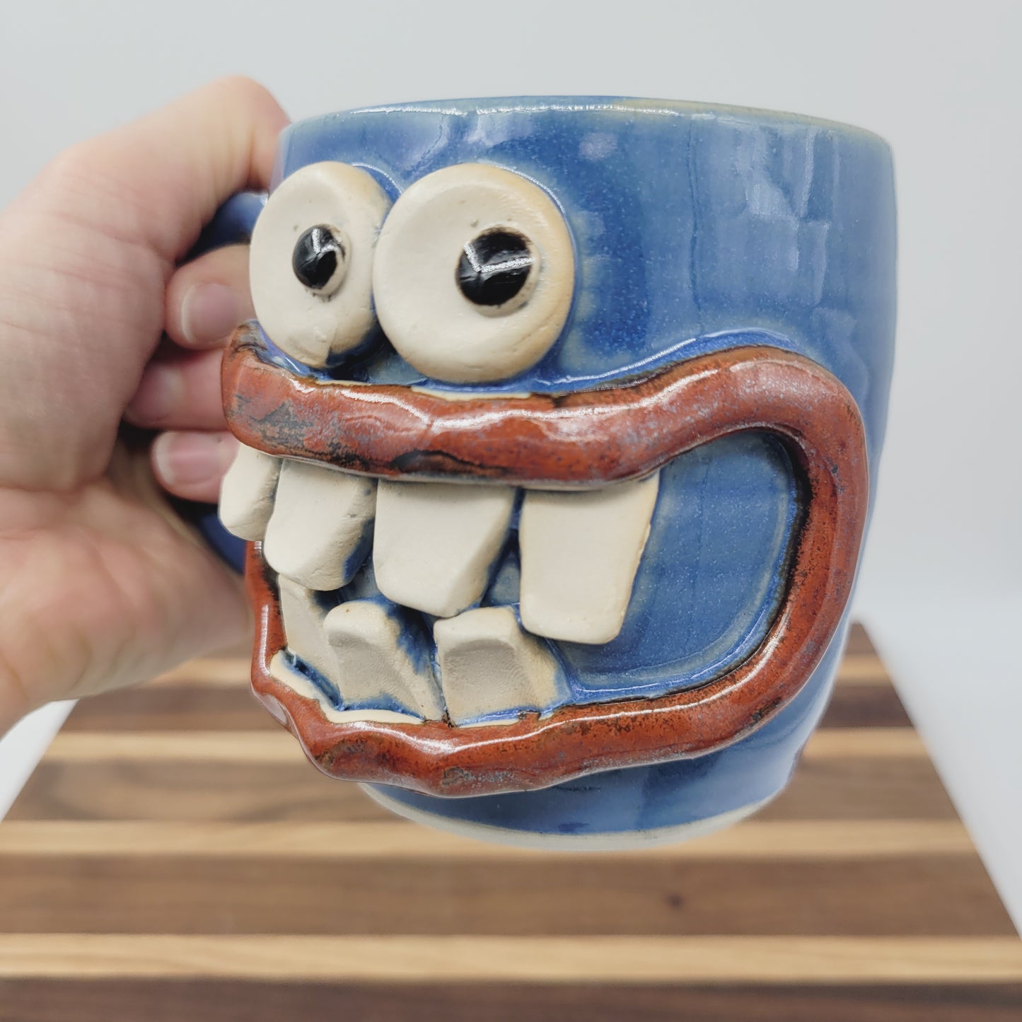 Funny Smiley Face Mug | Handmade Pottery Coffee Cups | Fun Gifts for Men Dad Husband | Ceramic Stoneware | Blue