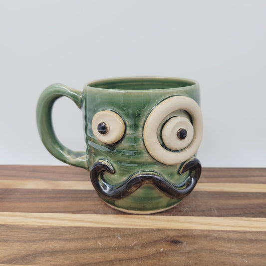 Handlebar Mustache Mug with Monocle | Green Ug Chug Face Mug | Stoneware Pottery Coffee Cup