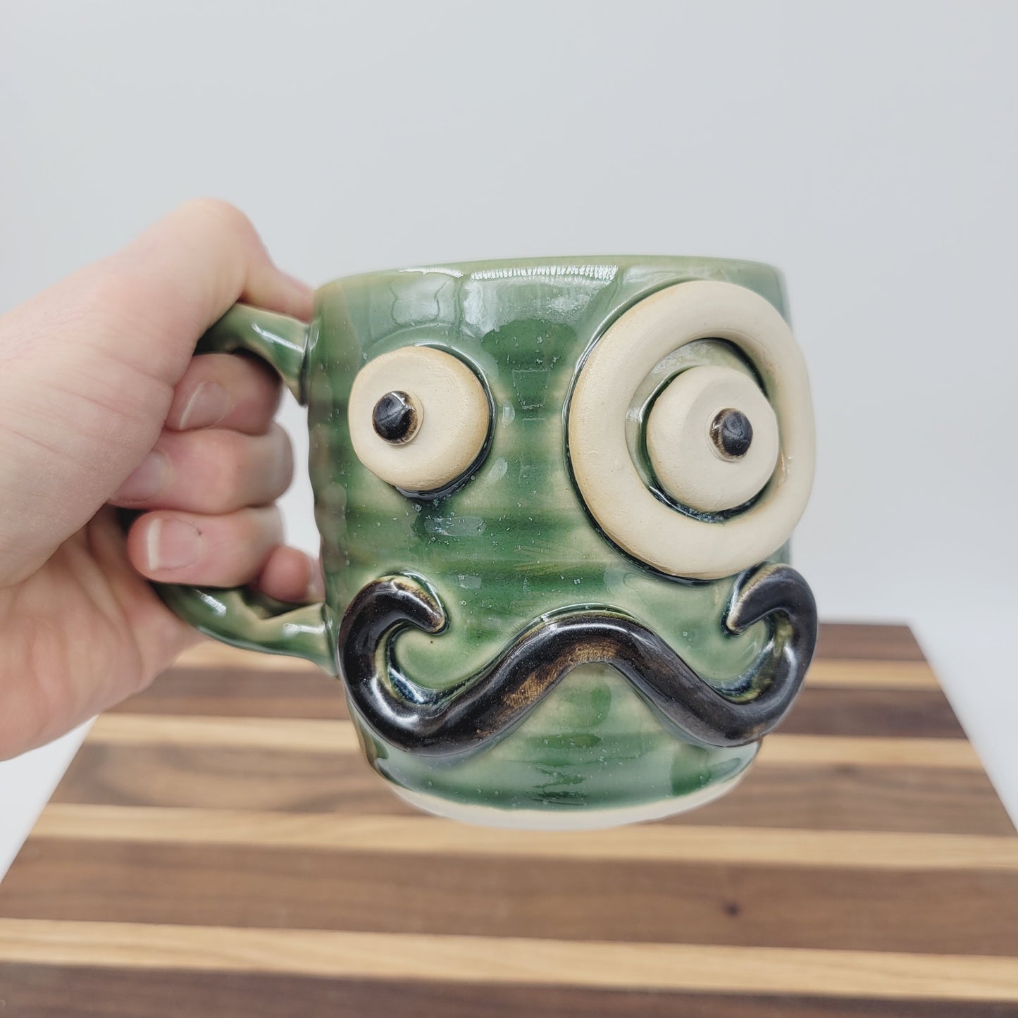 Handlebar Mustache Mug with Monocle | Green Ug Chug Face Mug | Stoneware Pottery Coffee Cup