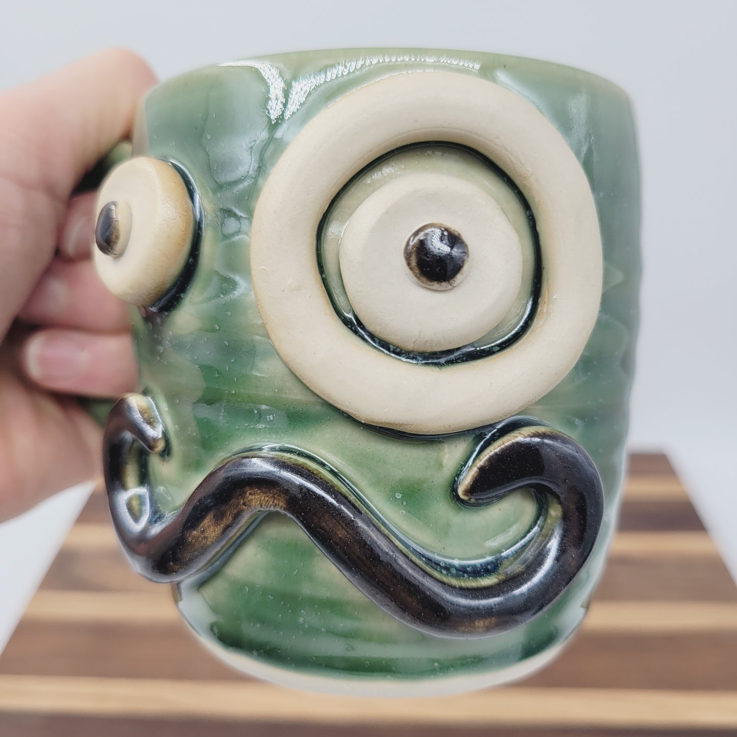Handlebar Mustache Mug with Monocle | Green Ug Chug Face Mug | Stoneware Pottery Coffee Cup