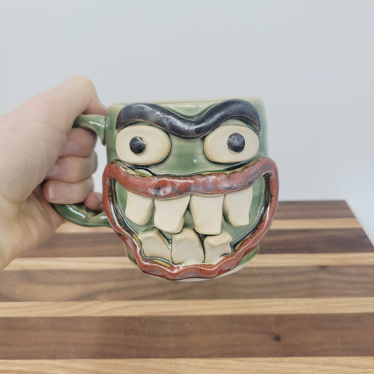 Funny Smiley Face Mug | Green Coffee Cups | Unibrow | Cheesecake Lover