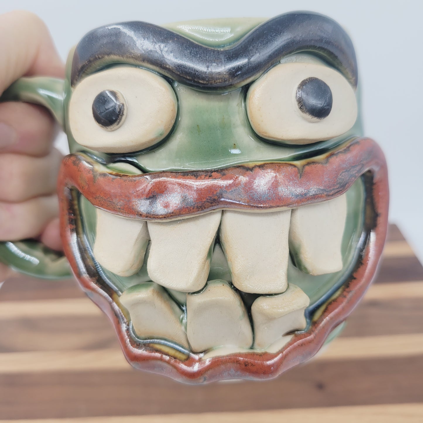 Funny Smiley Face Mug | Green Coffee Cups | Unibrow | Cheesecake Lover