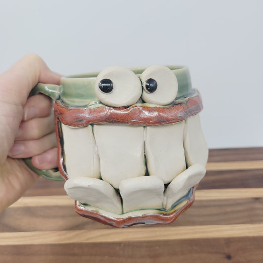 Green Handmade Pottery Face Mug | Big Coffee Cup