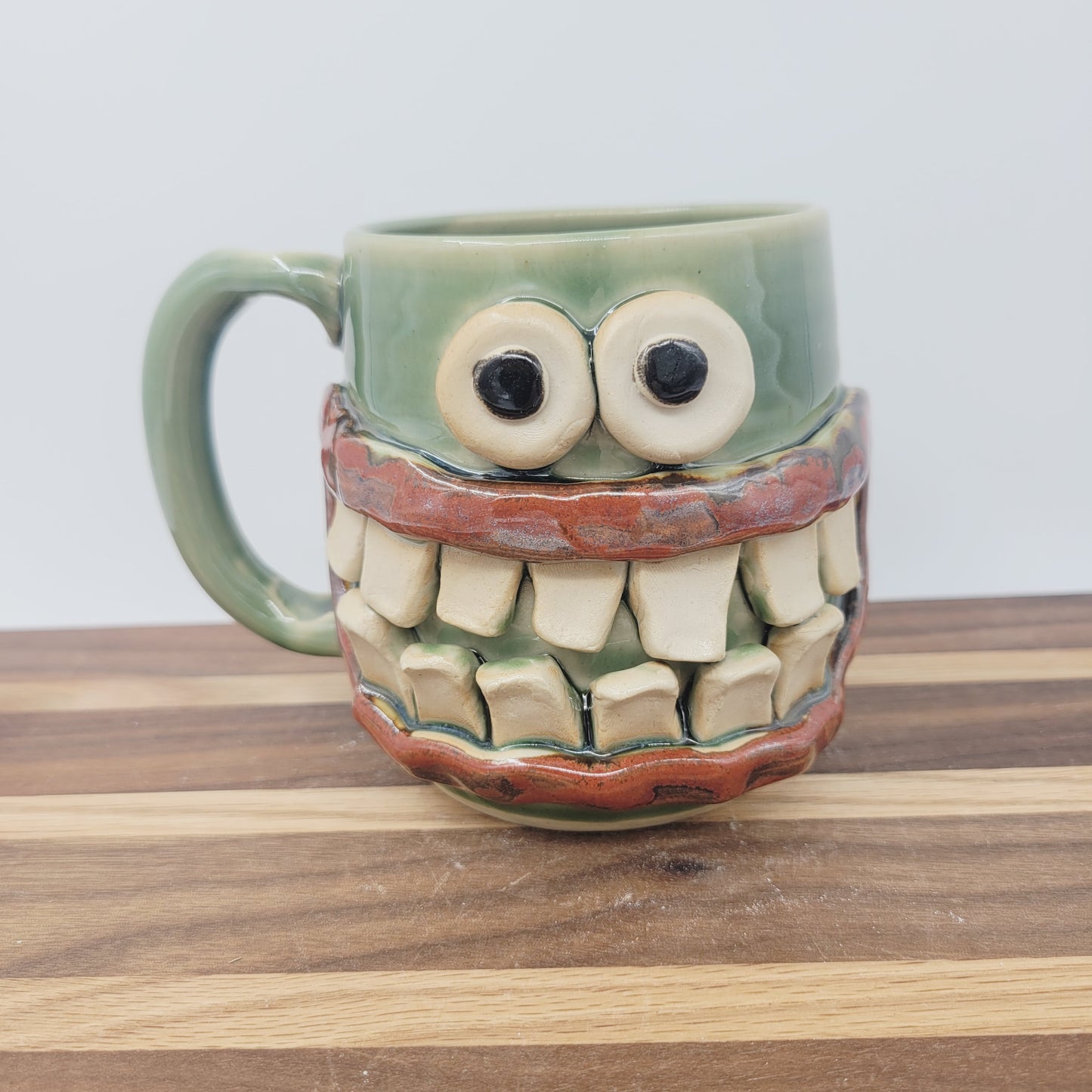 Green Smiley Face Coffee Cup | Introvert Face Mug | Handmade Stoneware Pottery