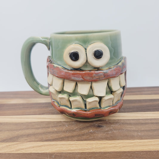 Green Smiley Face Coffee Cup | Introvert Face Mug | Handmade Stoneware Pottery