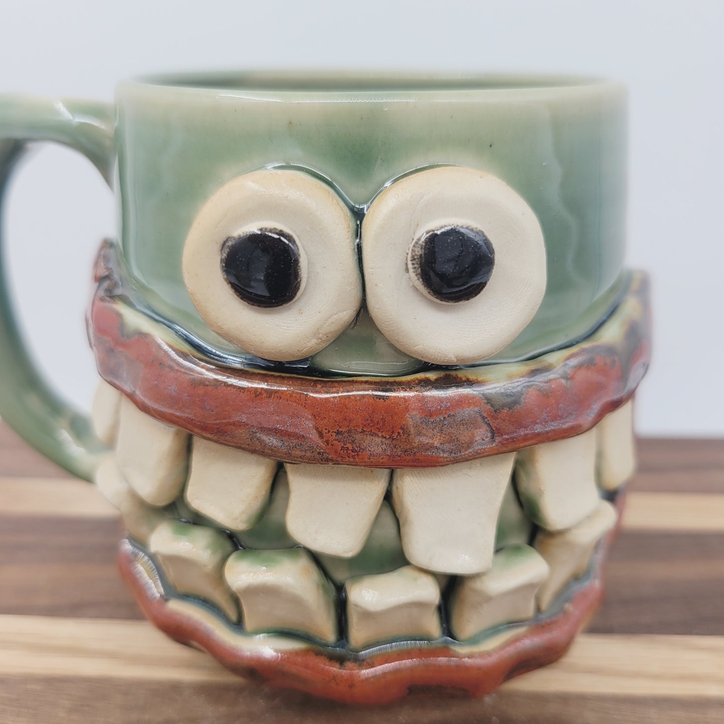 Green Smiley Face Coffee Cup | Introvert Face Mug | Handmade Stoneware Pottery