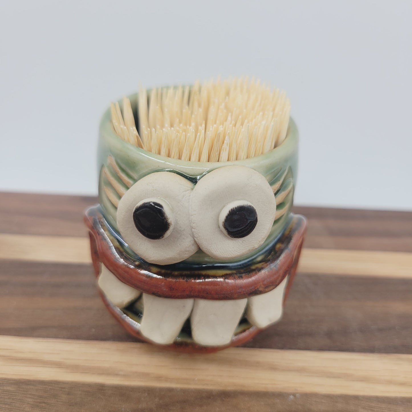 Funny Face Mini Glass | Handmade Stoneware Toothpick Holder Green