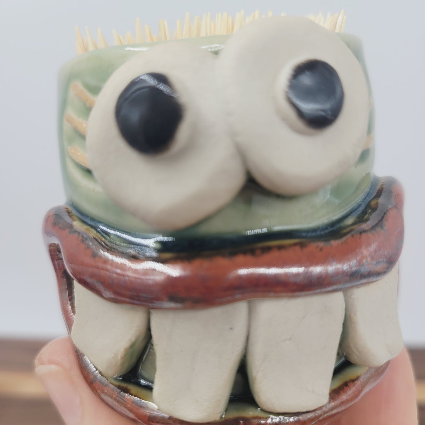 Funny Face Mini Glass | Handmade Stoneware Toothpick Holder Green