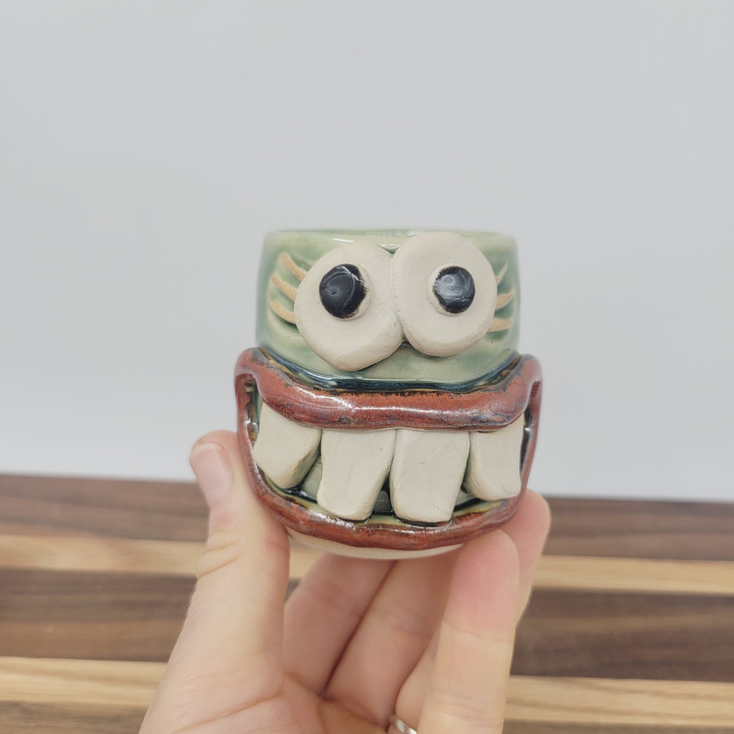 Funny Face Mini Glass | Handmade Stoneware Toothpick Holder Green