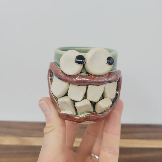 Toothpick Holder | Paperclip Cup | Funny Face Mini Pottery | Green | Nelson Studio Ug Chug
